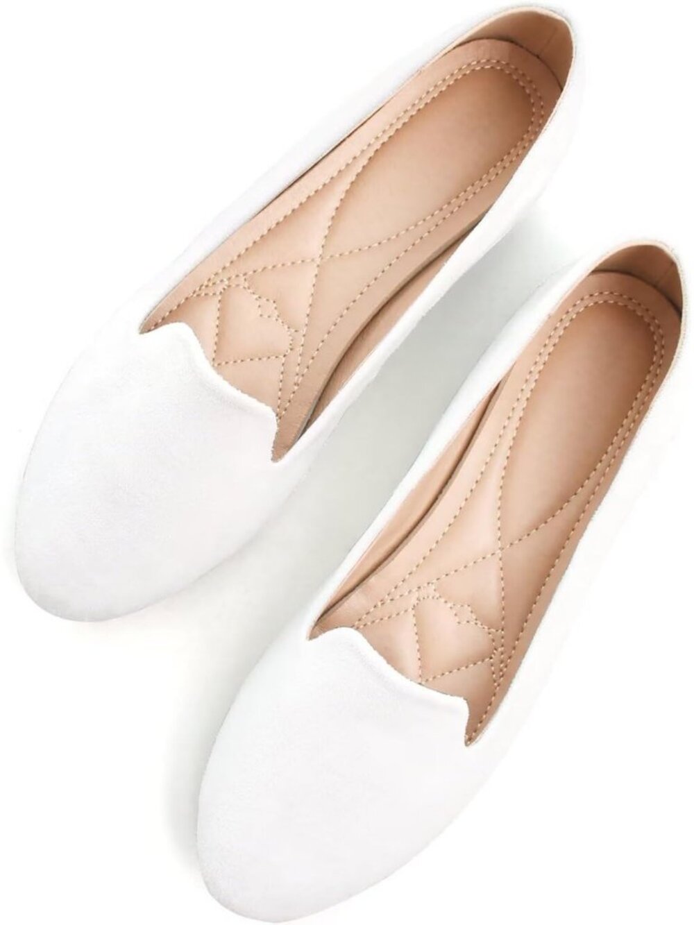 Women's Round Toe White Suede Comfortable Ballet Flat Slip On Casual Dress Shoes